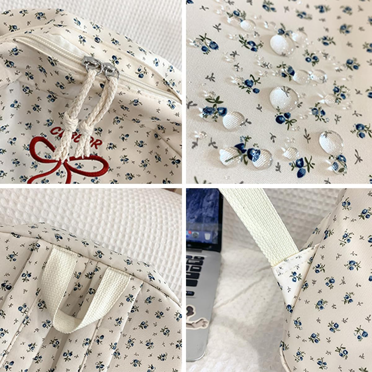 Classic Floral Printed Cute Bow Tie Embroider Backpack 16.1 Inch Kawaii Casual Simple Lightweight Travel Bag - Image 3