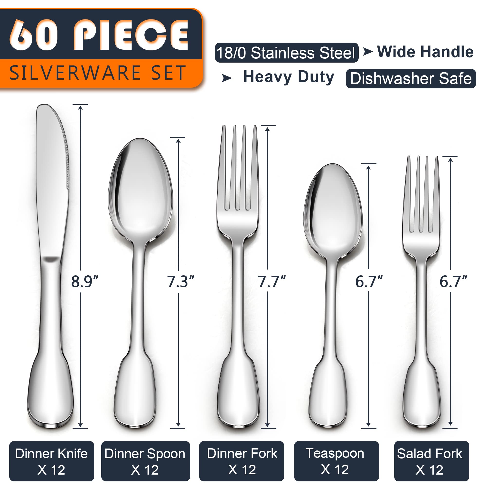 HaWare 60-teiliges Besteck-Set, Edelstahl-Besteckservice für 12 Personen, schickes Besteck mit breitem Griff, inklusive Tafelmesser, Gabeln, Löffel, hochglanzpolierte Essutensilien, spülmaschinenfest