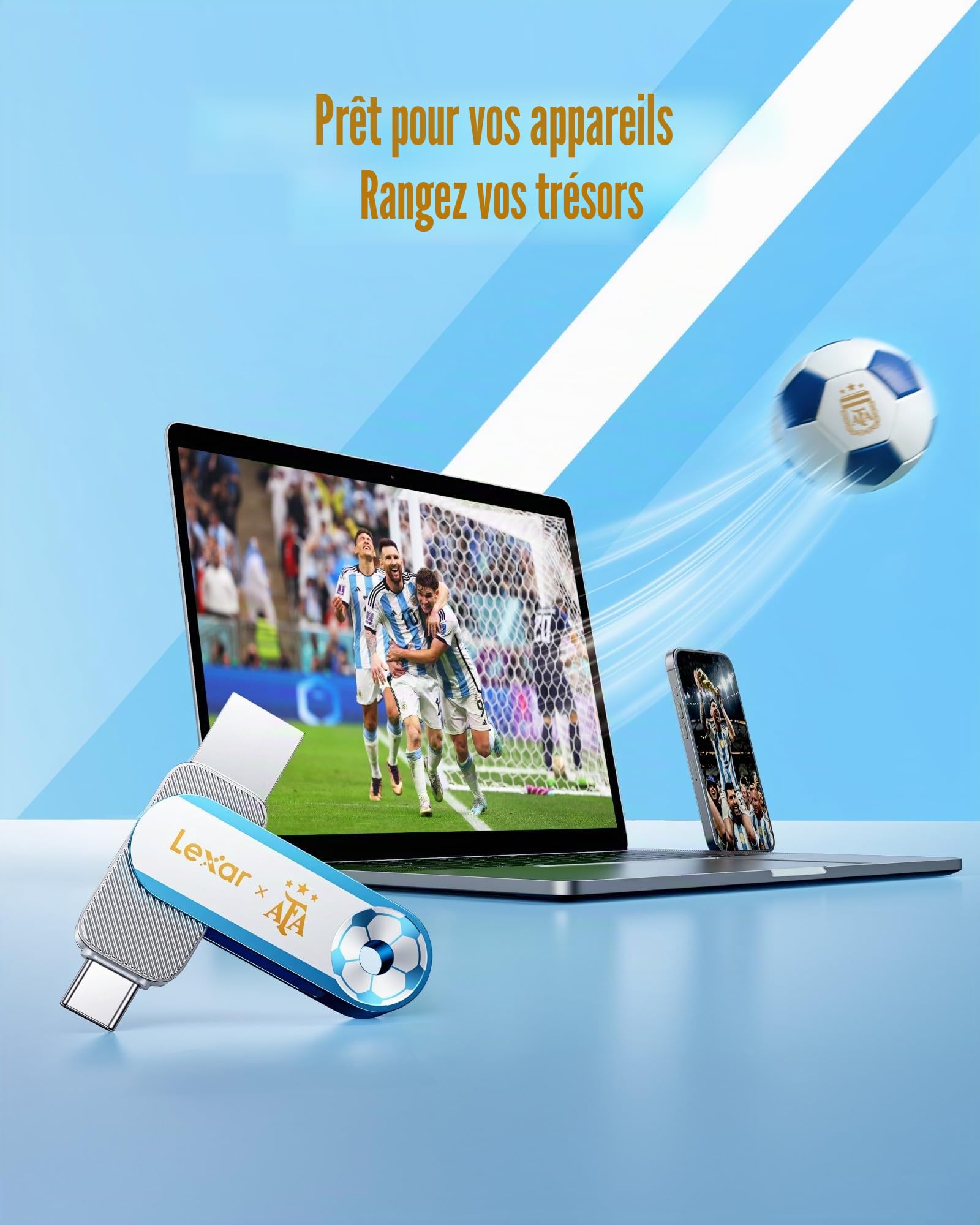 Lexar D500 Disque SSD Externe 128 Go USB 3.2, Édition AFA Co-brandée Championnat du Monde d'Argentine, Double Interface USB-C & USB-A, Vitesse de Lecture jusqu'à 400 Mo/s, Boîtier Métallique