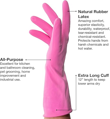 Miniatura 4 de ForPro - Guantes de goma natural, 6 pares de guantes reutilizables multiusos para limpieza del hogar con forro interior suave, impermeables y