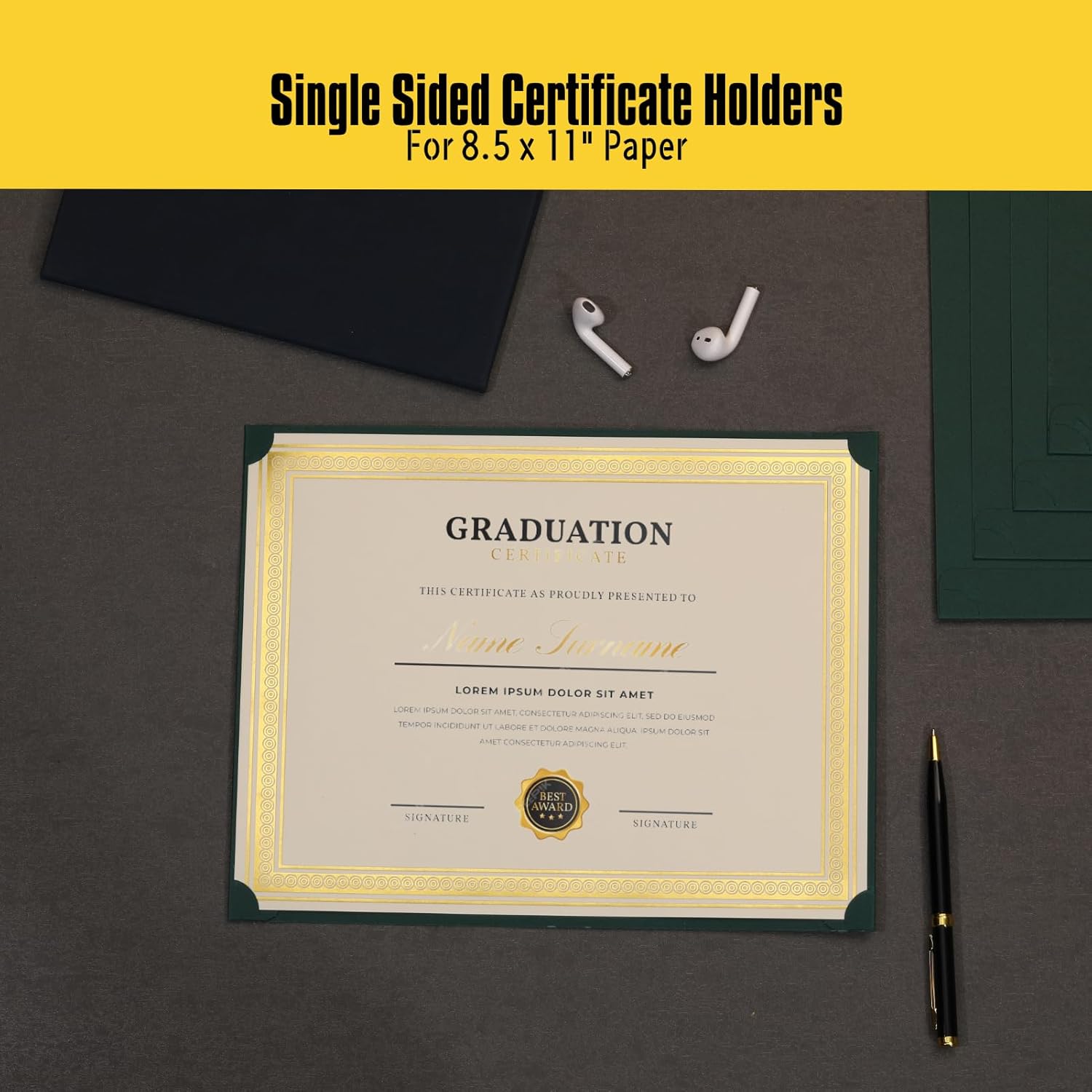 Single Sided Certificate Holders for Letter Size, 8.5 x 11 Bulk Award Certificate Cover for Graduation,Diploma, Documents, Marriage,Employee Appreciation, School,Office, Business (100 CT- Green)