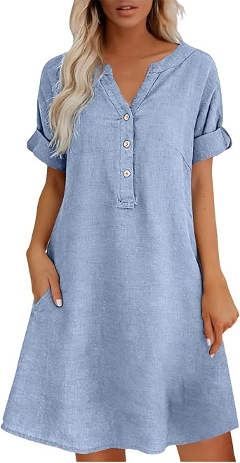 Womens Linen Summer Dresses Short Sleeve V Neck Gauze Sundresses Cotton Linen Midi Dress Beach Vacation Clothing