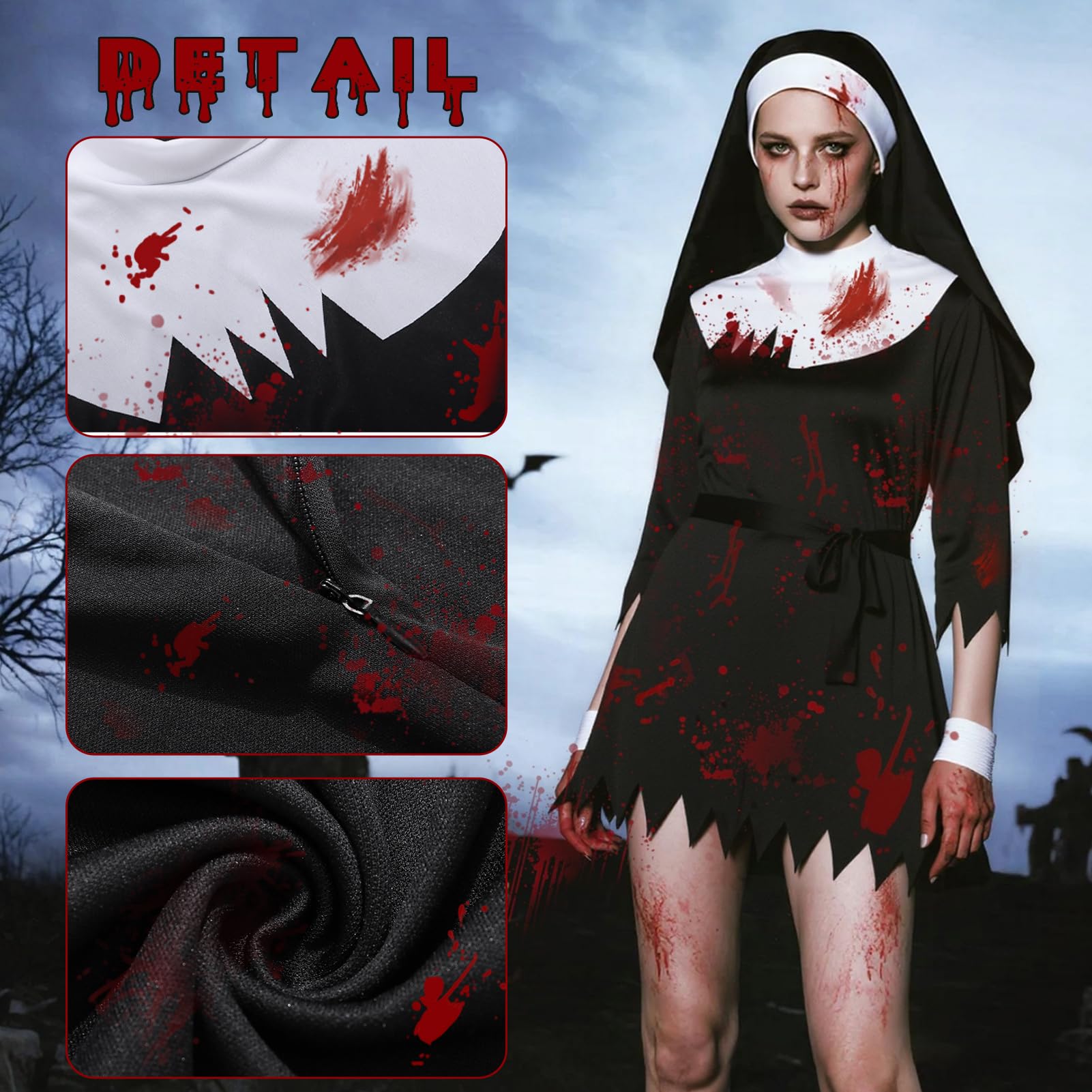 Meriviva Zombie Nun Costume for Women Scary Bloody Nun Costume Set including Black Dress Headpiece Cross Necklace Belt for Halloween Party Fancy Dress Up (M) - Image 2