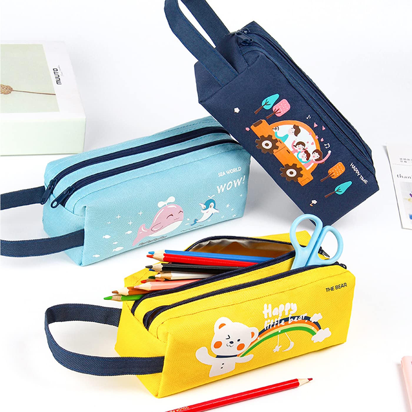 Trousse Scolaire à Deux Compartiments Grande Capacité Pochette en Tissu 20x7.5cm Bleu