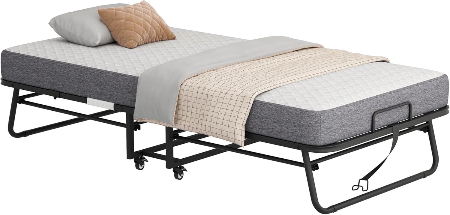 Folding Twin Bed with Mattress 75" x 46" Rollaway Guest Beds Portable Foldable Bed for Adults with 5" Memory Foam Mattress Space-Saving Sturdy Metal Frame
