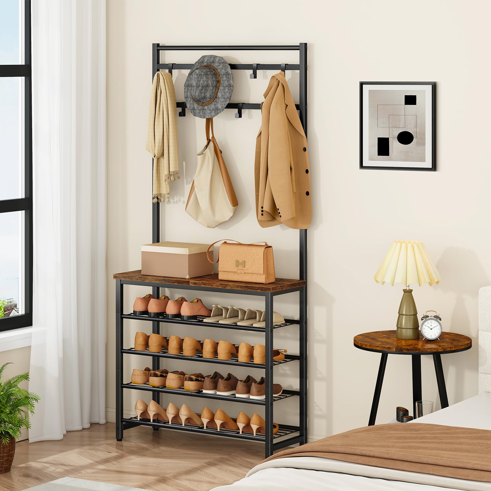 IBUYKE 188cm de Perchero con Zapatero, 5 Niveles de Estantes para Zapatos con 9 Ganchos Ajustables, Perchero con Banco para Entrada Pasillo Dormitorio, Marrón Rústico y Negro TXJ007H