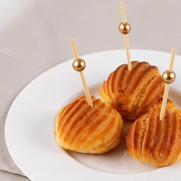 Eco-friendly Gold Wooden Ball Food Picks (Pack of 100) - Sustainable Skewers And Bamboo Picks for Charcuterie, Appetizers, Cocktail Picks For Parties, Casual Dining & More, 3.5