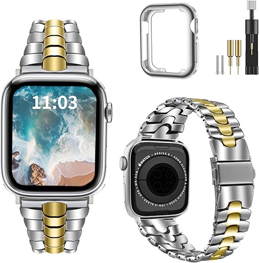 Thin Metal Band Compatible with Apple Watch Band 38mm 40mm 41mm 42mm 44mm 45mm 49mm, Dressy Stainless Steel Chain Strap, Slim Fancy iWatch Band with Case for Women Men