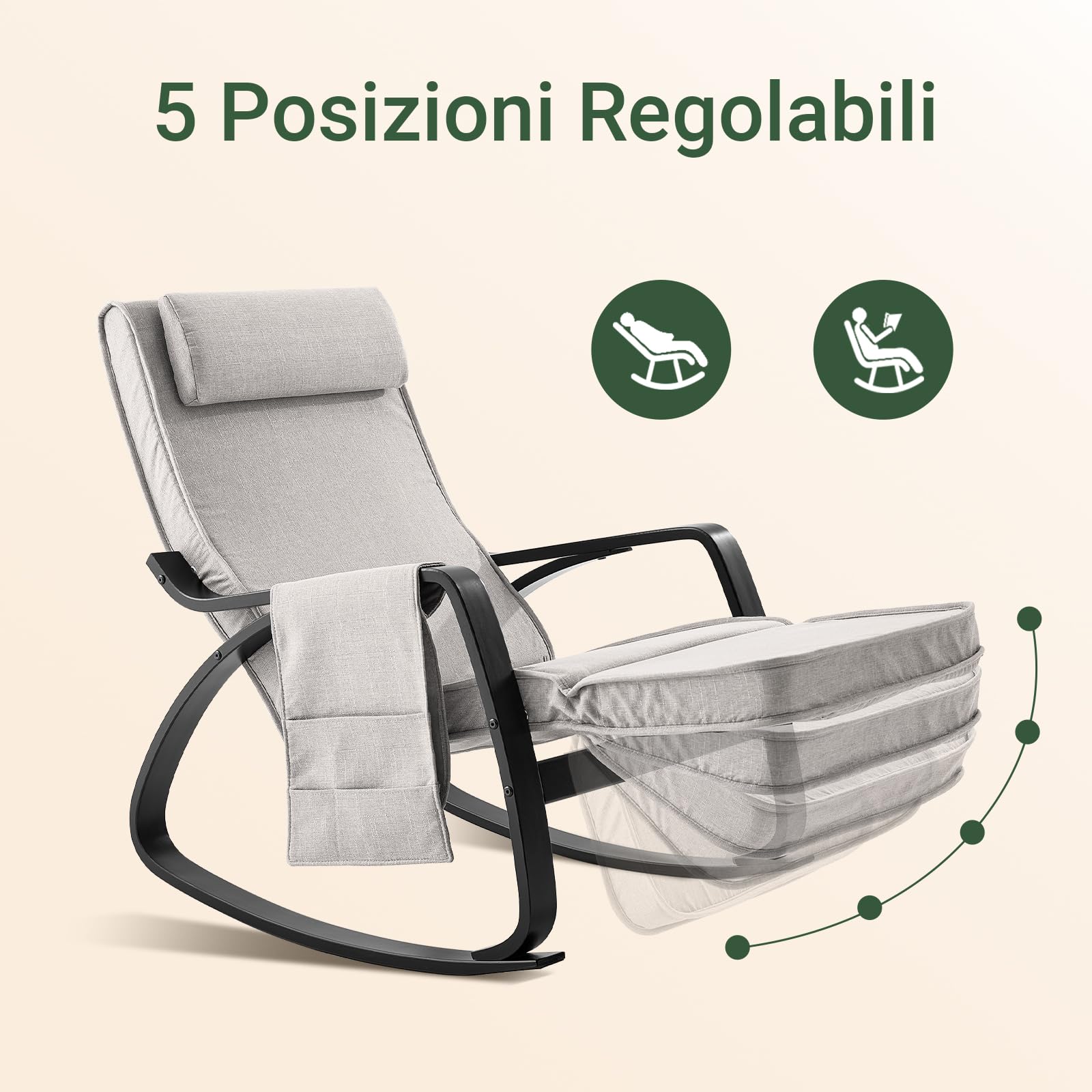 SoBuy Sedia a Dondolo – Poltrona a Dondolo con poggiapiedi, poggiatesta regolabili e Tasca laterale, Grigio FST20-HG