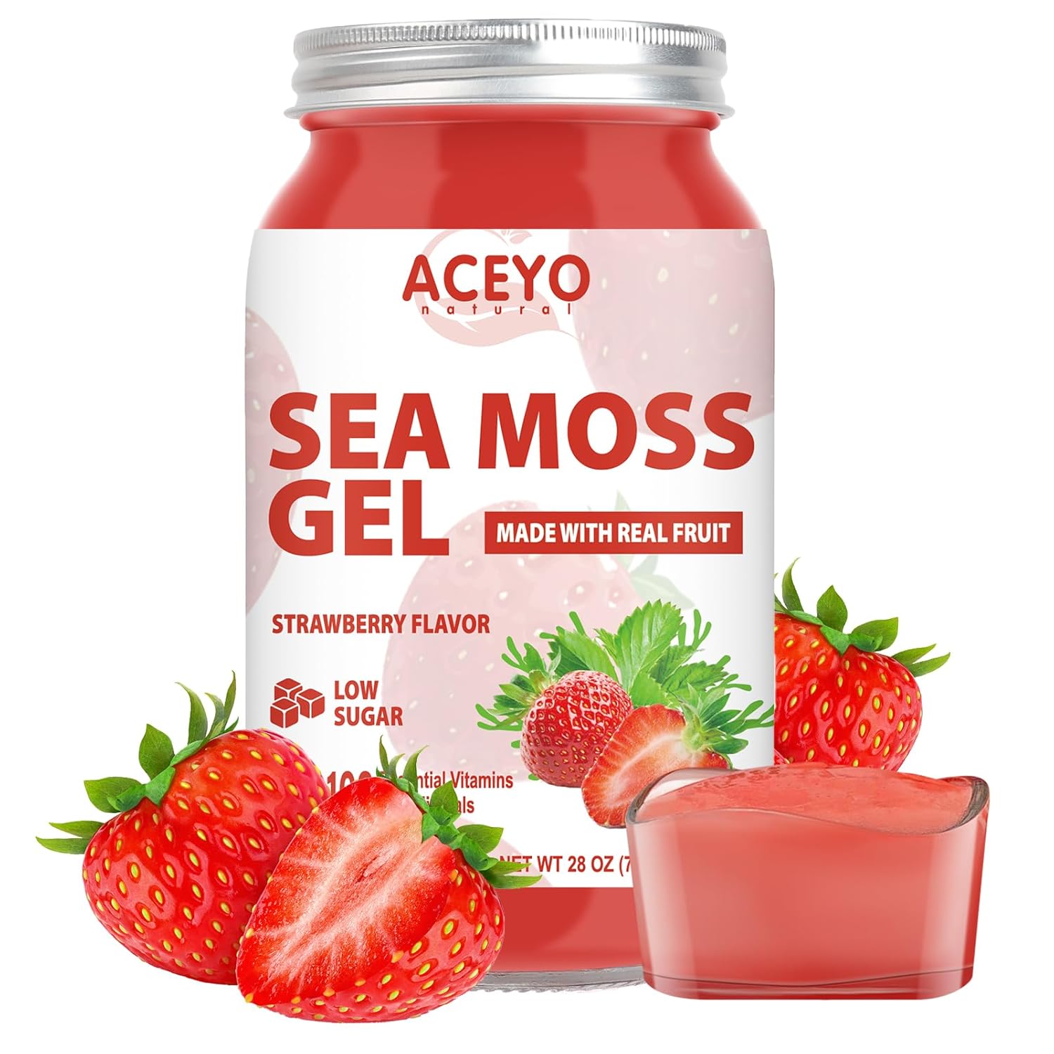 (18 OZ) Irish Sea Moss Gel Raw Vegan Strawberry Flavor 102 Vitamins and Minerals Wild Harvested Non-GMO Immune Defense Booster Thyroid Digestive Support
