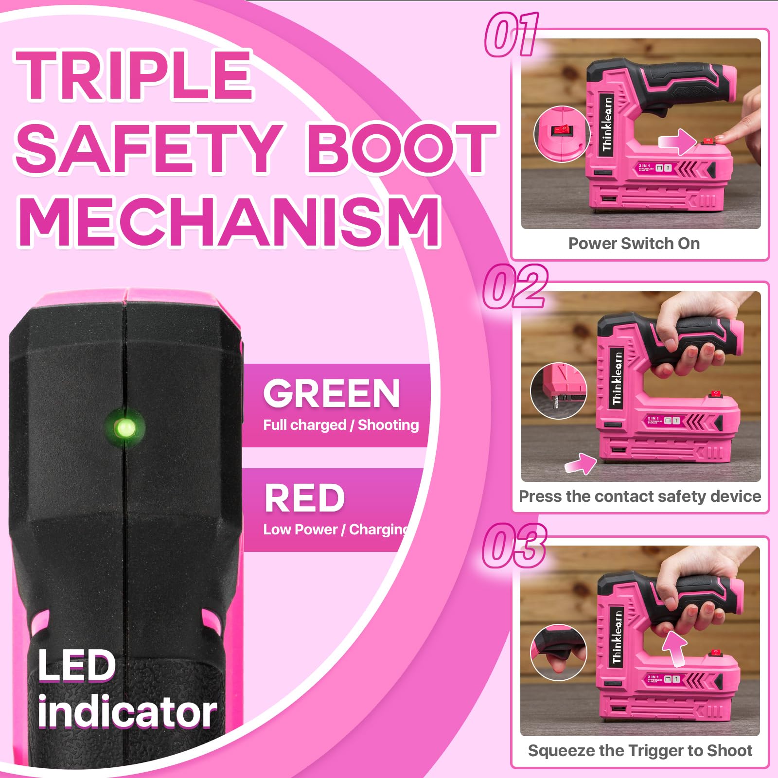 Agrafeuse électrique rose, 7 pièces 2 en 1 sans fil avec 2500 clous d'agrafes, cloueuse 4 V pour tapisserie, bois, menuiserie, artisanat, bricolage, kit de cloueuse Brad avec chargeur USB