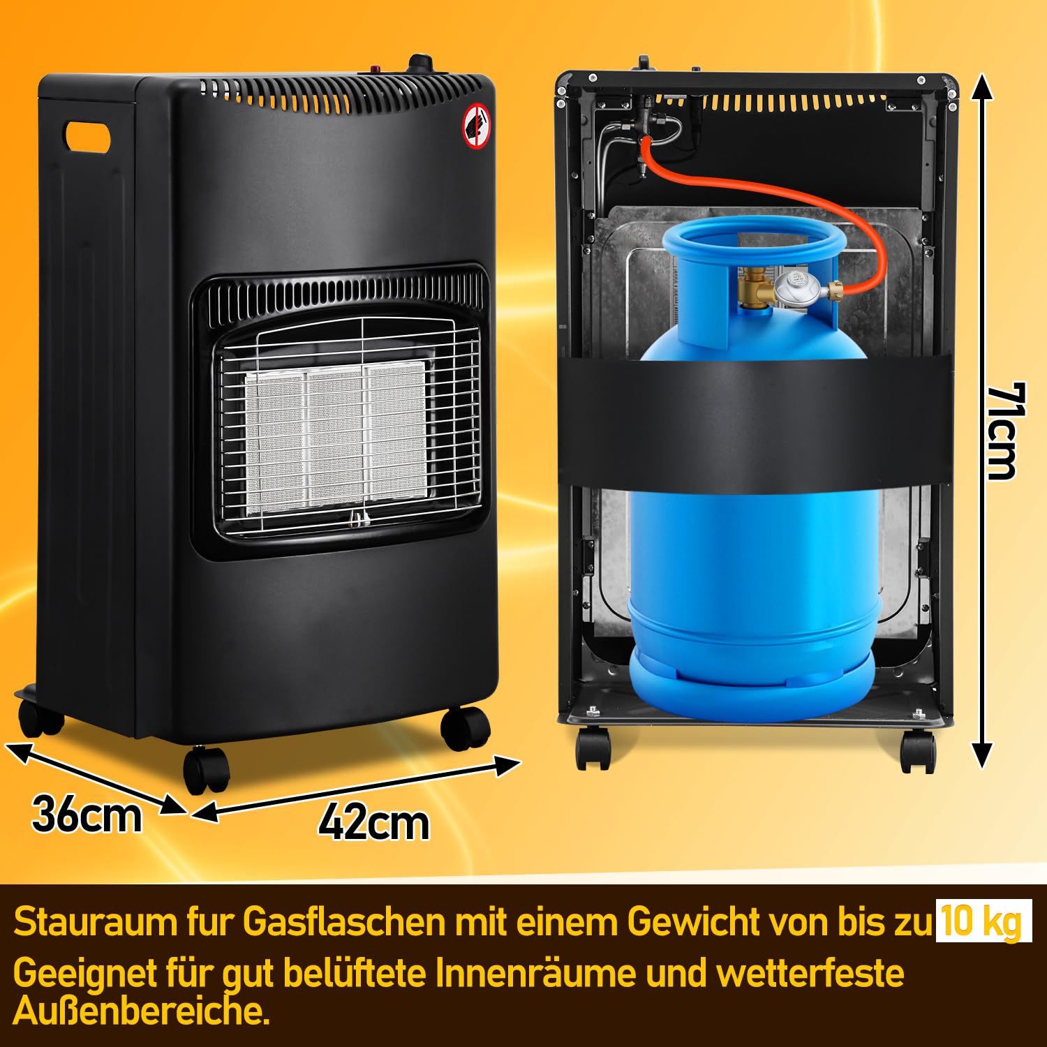 Gasheizofen 4,2 KW Gasheizgerät Faltbar Gasheizer mit Druckregler & Schlauch, inkl. Überhitzungsschutz und Kippschutz, ODS, Piezozünder, 305 g/h Gasverbrauch, Butan oder Propangasflaschen