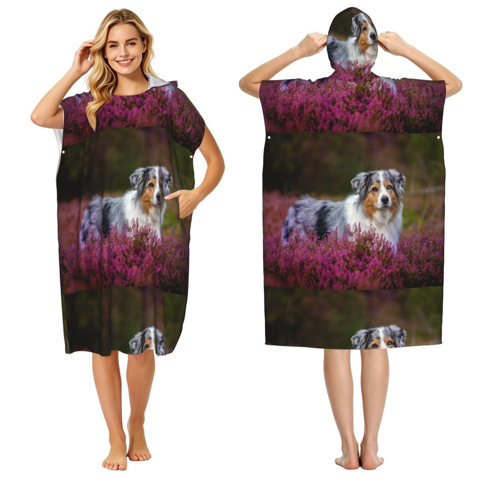 Poadnly Australian Shepherdch, Adult Hooded Beach Towel 90 x 110 cm,Changing Bath Robe, Surf Poncho Towel For Women Men