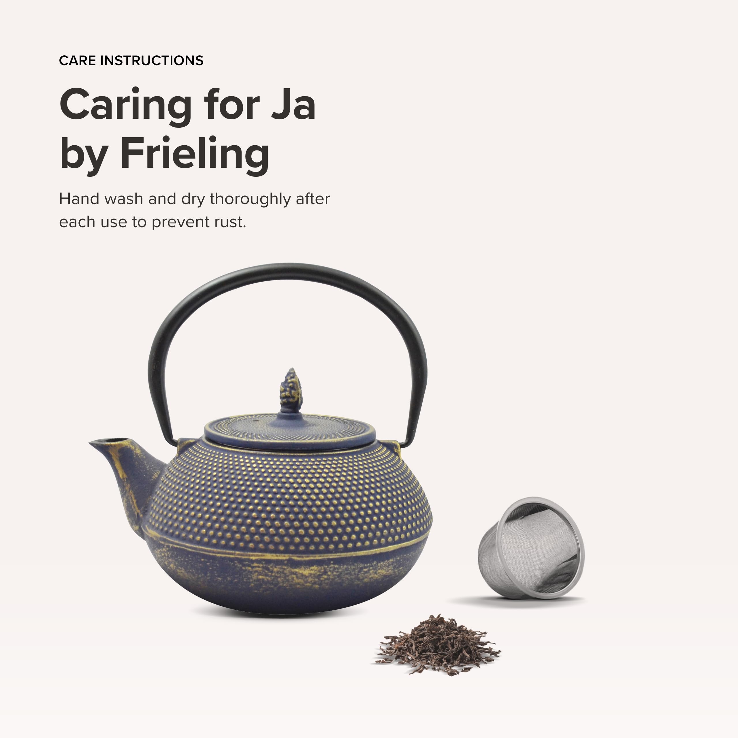 Ja by Frieling Arare Théière en fonte bleu/doré avec infuseur en acier inoxydable, 1,2 l