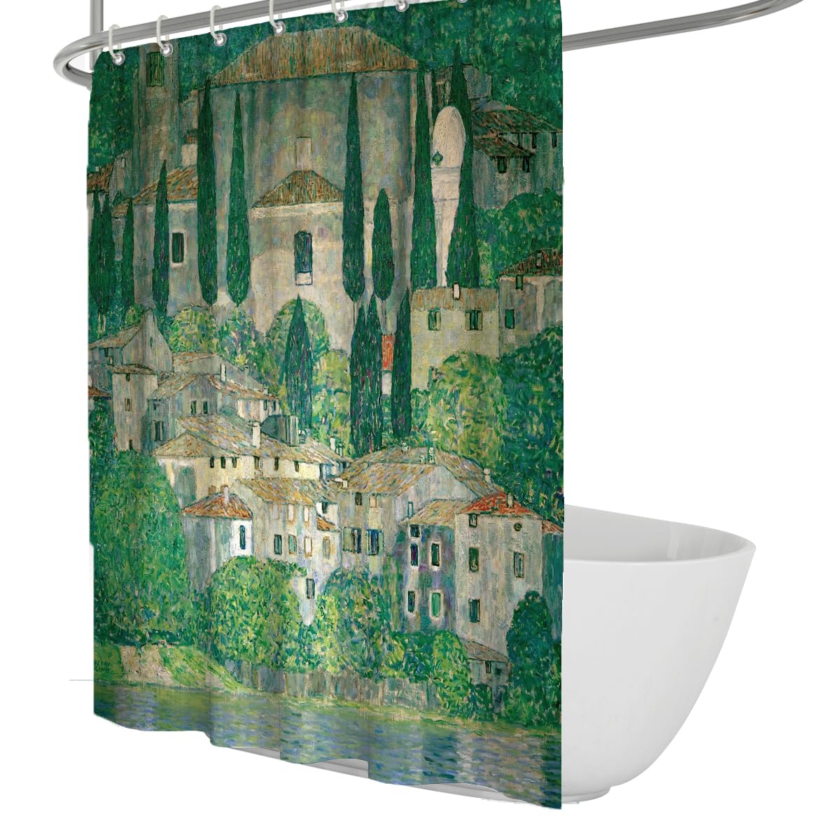 OLLIAR Home Rustic Retro Shower Curtain Village Town Lake Houses Art Printed Green Fabric Bathtub Curtains Washable Bathroom Curtains Set with Hooks 120x200cm