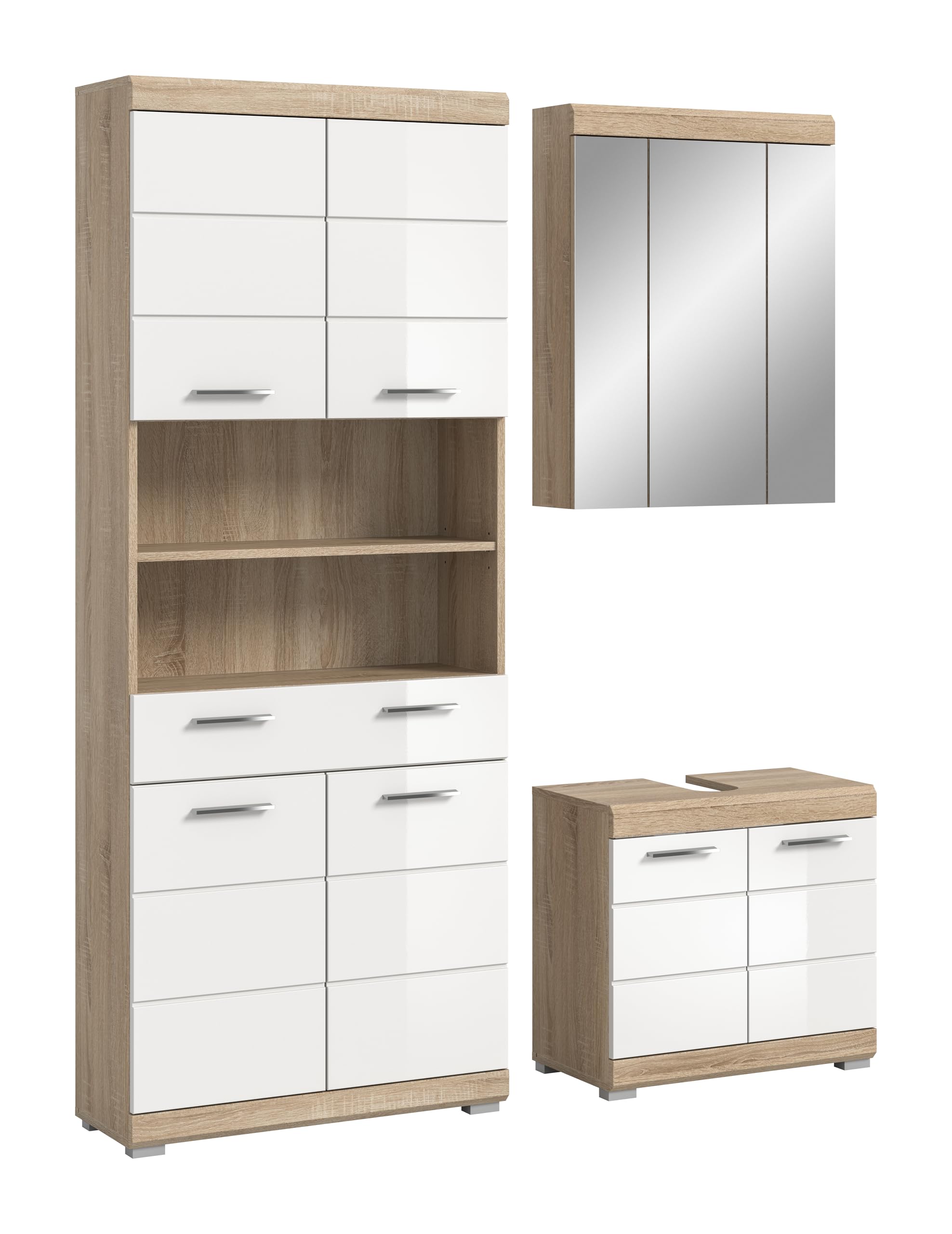 xonox.home – 3 teilige Badmöbel Kombination Lambada 149x191x34 cm in Korpus Sonoma Eiche hell und Front weiß Hochglanz – Platzsparendes Badezimmermöbel-Set in modernem Hochglanz-Look