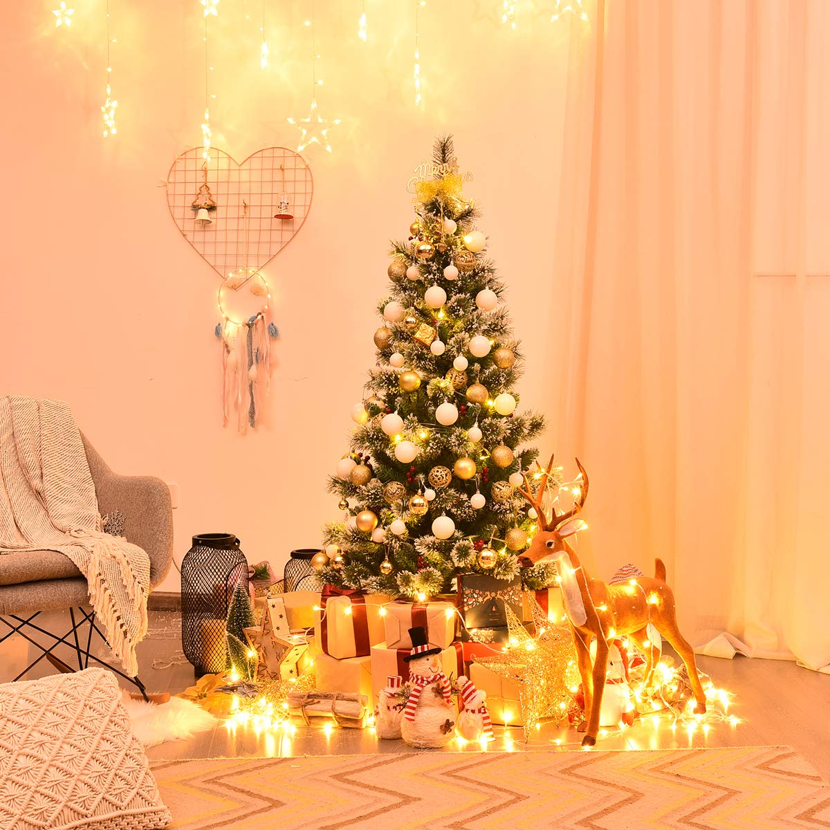 KOMFOTTEU 150 cm Arbre de Noël Artificiel, Neigeux avec Pommes de Pin | Sapin de Noël à Ouverture automatique avec Base en métal, Arbre de Décoration de Noël en PVC
