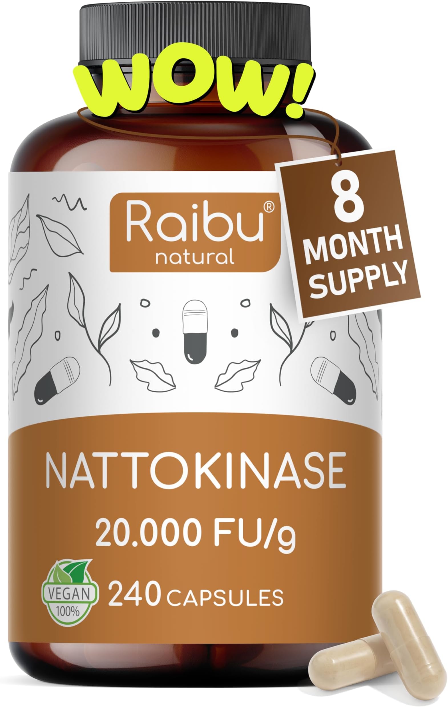 Nattokinase 2,000 FU per Capsule - High-Strength 240 Nattokinase Capsules from Fermented Natto Soybeans - 8 Months Supply - Non-GMO, Natural & Vegan- Laboratory Tested - Raibu
