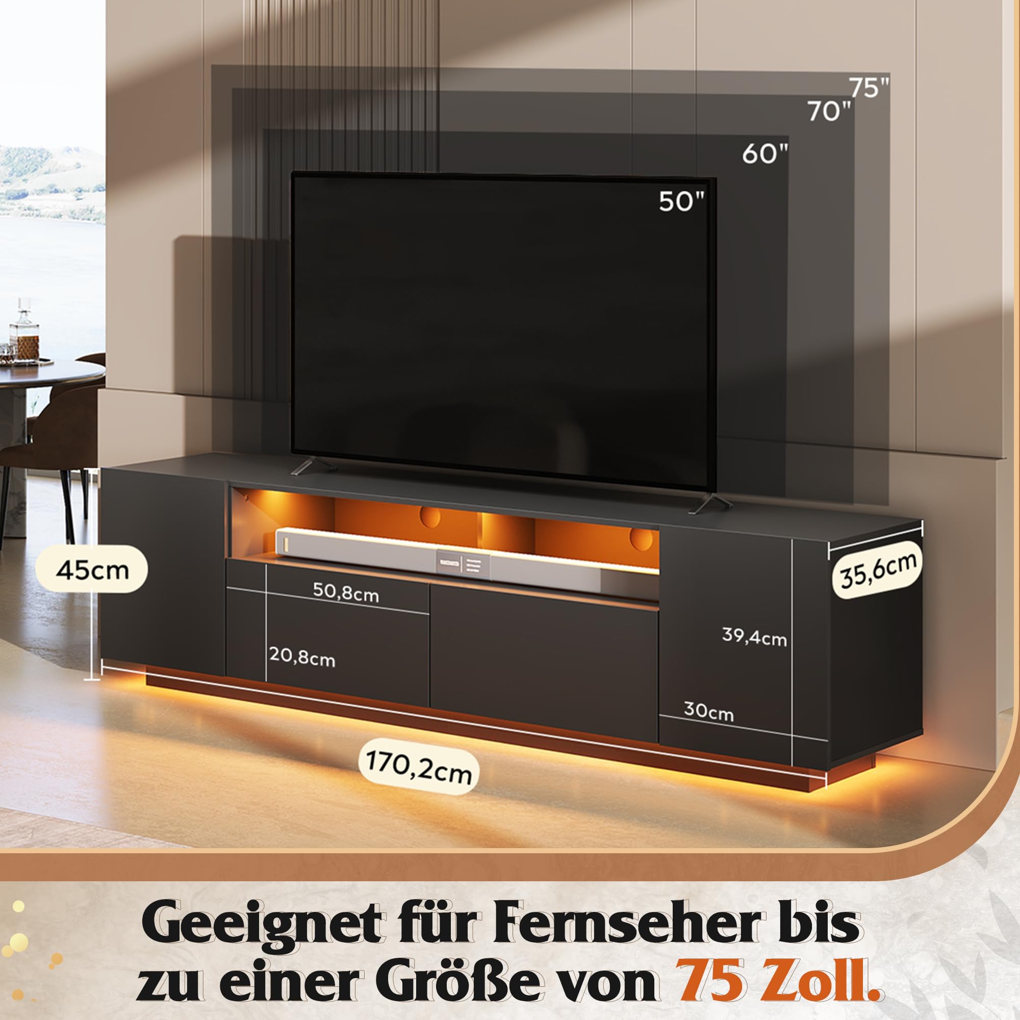 WLIVE TV Schrank Schwarz, Lowboard Hochglanz mit 20 Farben LED-Beleuchtung, TV Board mit Schränken und 2 Freiflächen, Fernsehtisch mit Klapptür, 170 x 36 x 45 cm, Schwarz