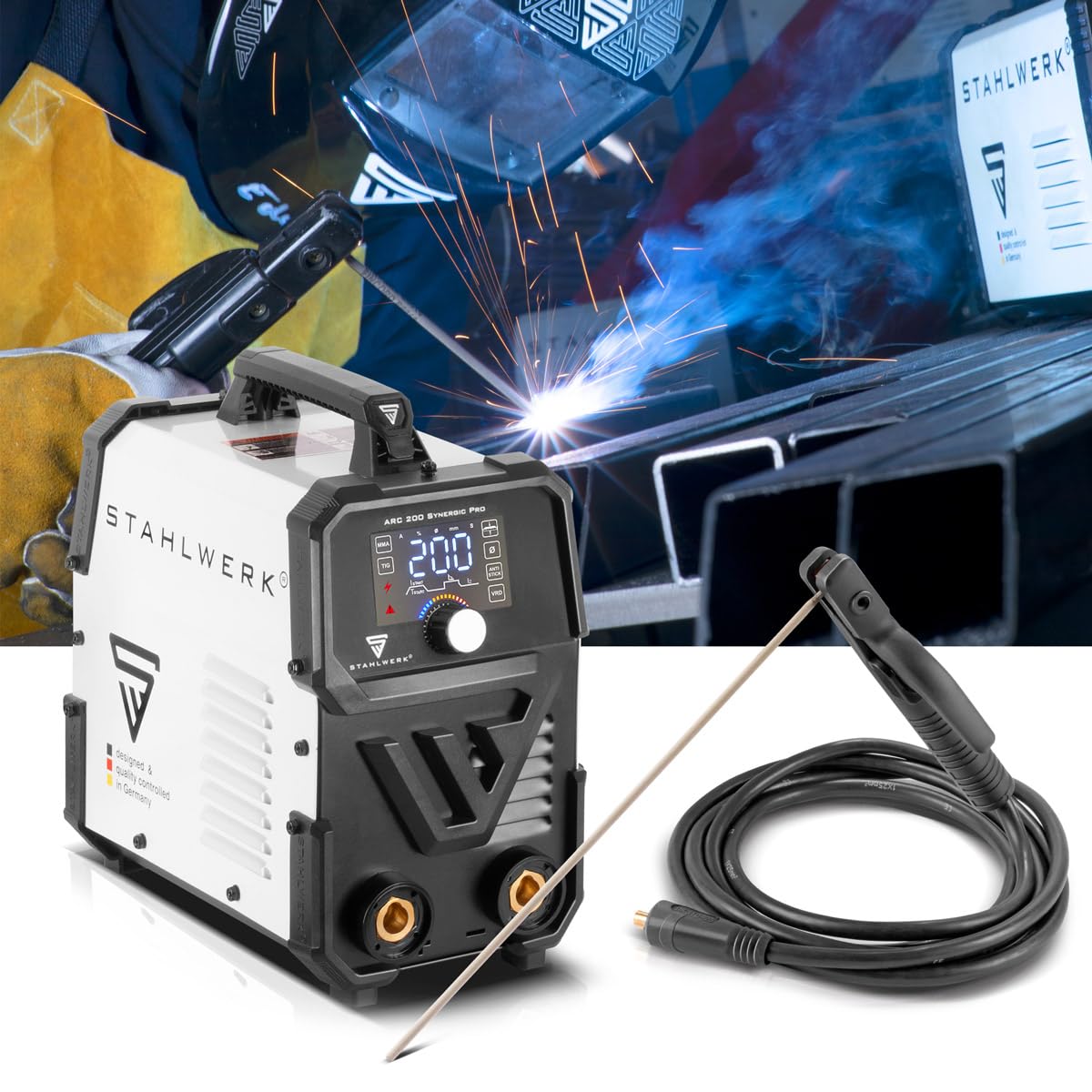 STAHLWERK Elektroden-Schweißgerät ARC 200 Synergic Pro Digital – MMA (E-Hand) bis 200 A, Schweißen ohne Schutzgas, Lift-TIG Inverter, Hotstart, Antistick-Funktion, Smartkühlung & Überhitzungsschutz