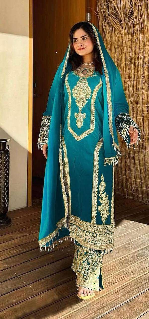 Prime aura Store Women's Chinon Silk Embroidery Straight Pakistani Salwar Suit and Dupatta (Aqua Blue-M) 2