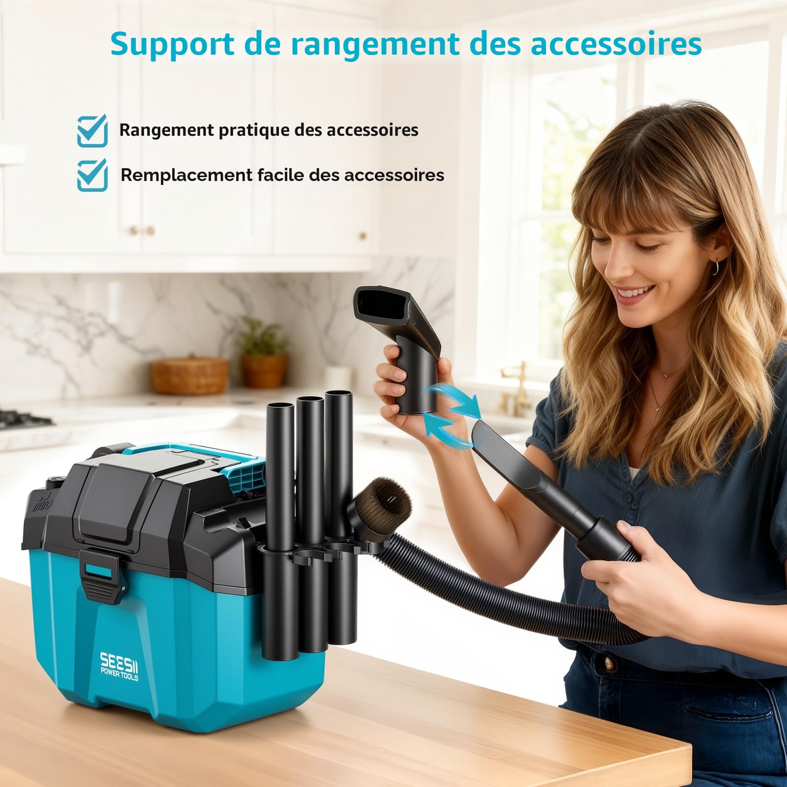 Seesii Aspirateur Eau et Poussière Batterie 8000 mAh (2x4000 mAh), Aspirateur Poussiere et Eau 10 L, avec Sangles, 4 Roues et Accessoires, Idéal pour Atelier, Chantier ou Voiture