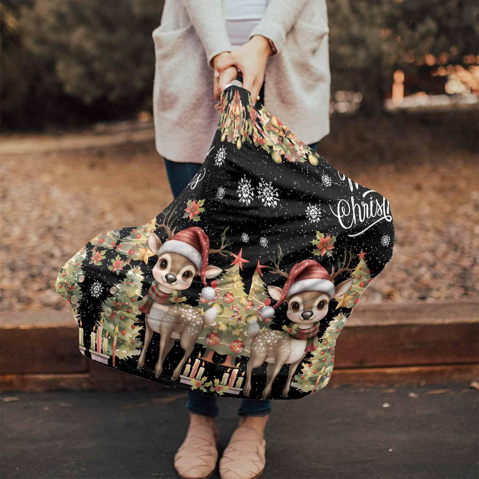 Nursing Cover for Breastfeeding Scarf, Christmas Tree Winter Deer Garland Bell Poinsettia Black Baby Car Covers Super Soft Multi Use for Canopy Shopping Cart Cover Blanket Stroller Cover