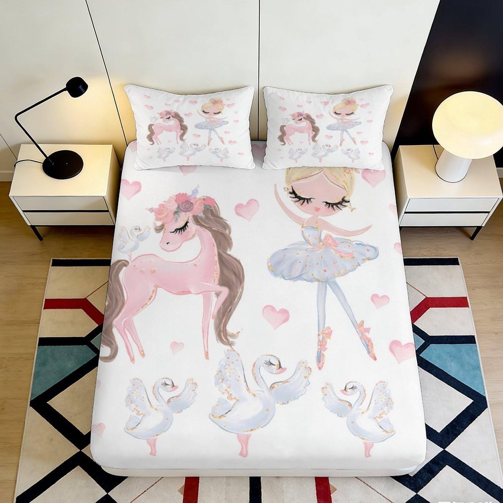 3D Printed Unicorn and Ballerina Fitted Sheet Microfiber Soft Breathable Swan Bed Cover for Bedroom Dormitory Guest Room Mattress Protection 140x200x25cm