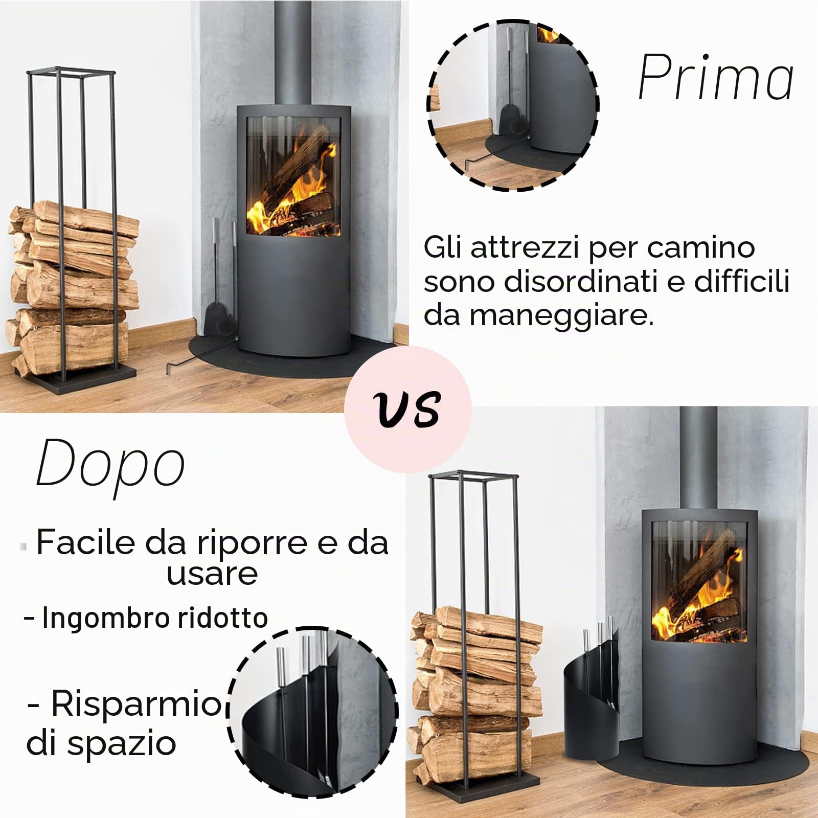 YRHome Set di 4 attrezzi per camino in acciaio inossidabile, set per camino, accessori per camino con attizzatoio, paletta per camino, paletta per cenere, supporto in acciaio con manici in acciaio