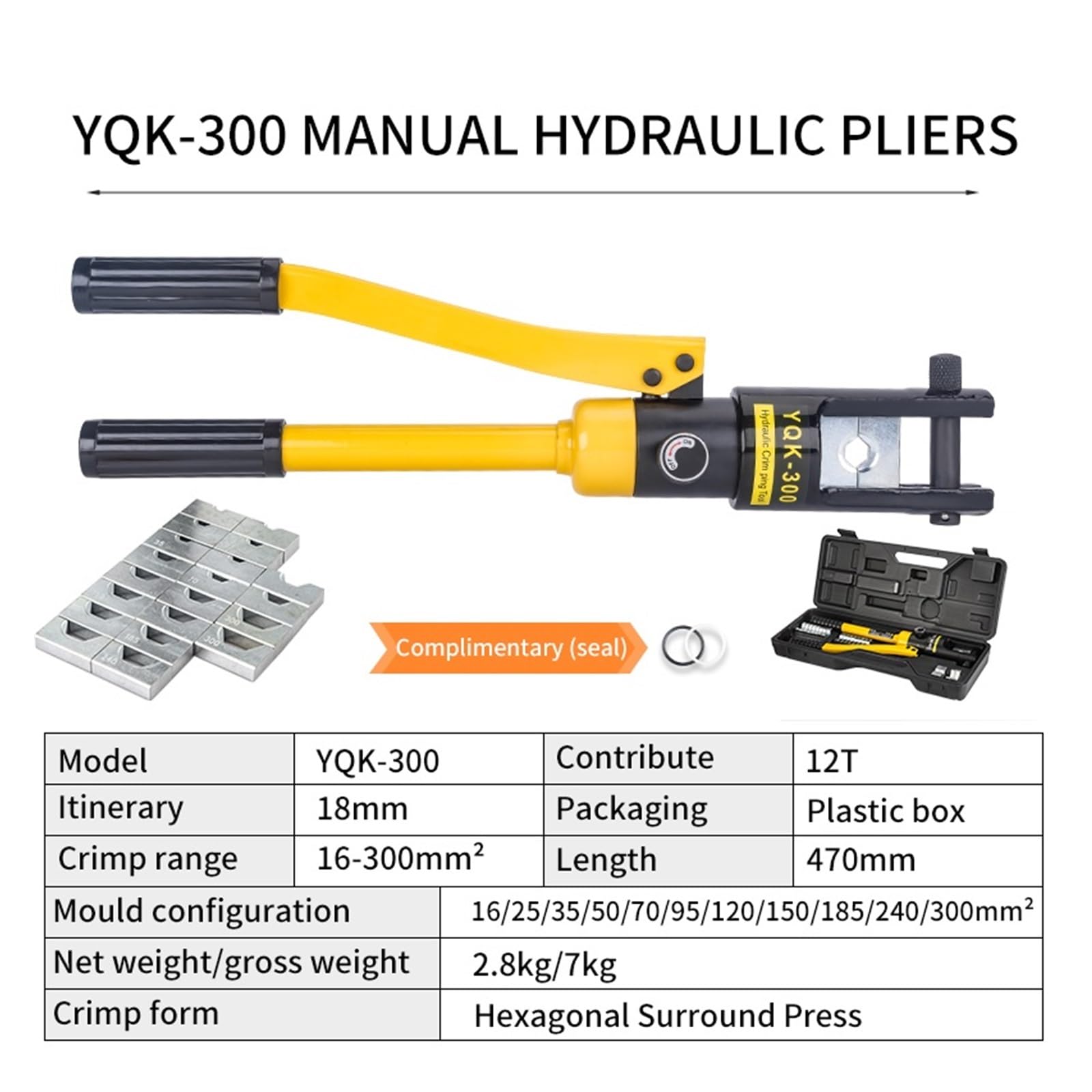 Herramienta de prensado hidráulica de 16-300 mm Alicate de prensado hidráulico, herramienta de compresión hidráulica YQK-300 Rango de presión 12T(YQK-300)