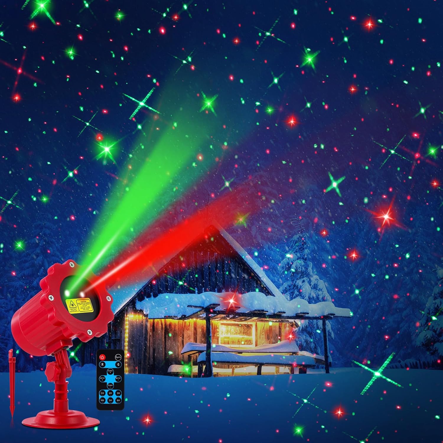 Treela Red Laser LED Light Projector Outdoor Star Projection LED Projector with Remote Waterproof Decorative Light for Garden Yard Party(Red Green Blue Color,Cross Stars)