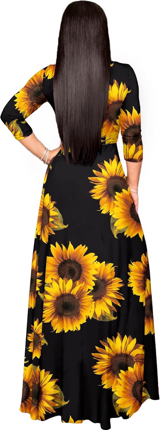 FANDEE Plus Size Maxi Dress for Women Casual Summer Sundress V-Neck 3/4 Sleeve(Sunflower,3X-Large) - Image 3