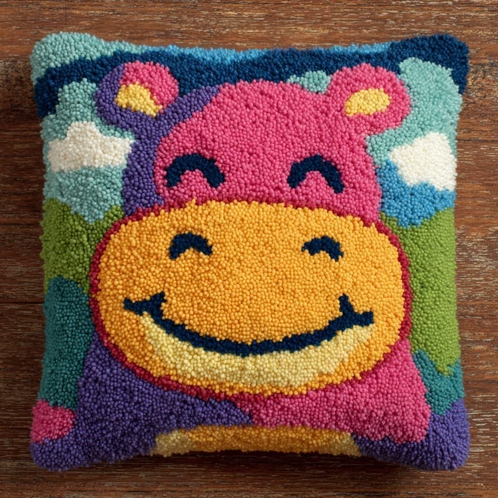 Taxpy Latch Hook Cushion Kits Hippo Pillowcase Kits Embroidery Kit 17X17 Inch DIY Needlework Pillow Cover Sofa Cushion Rug Making