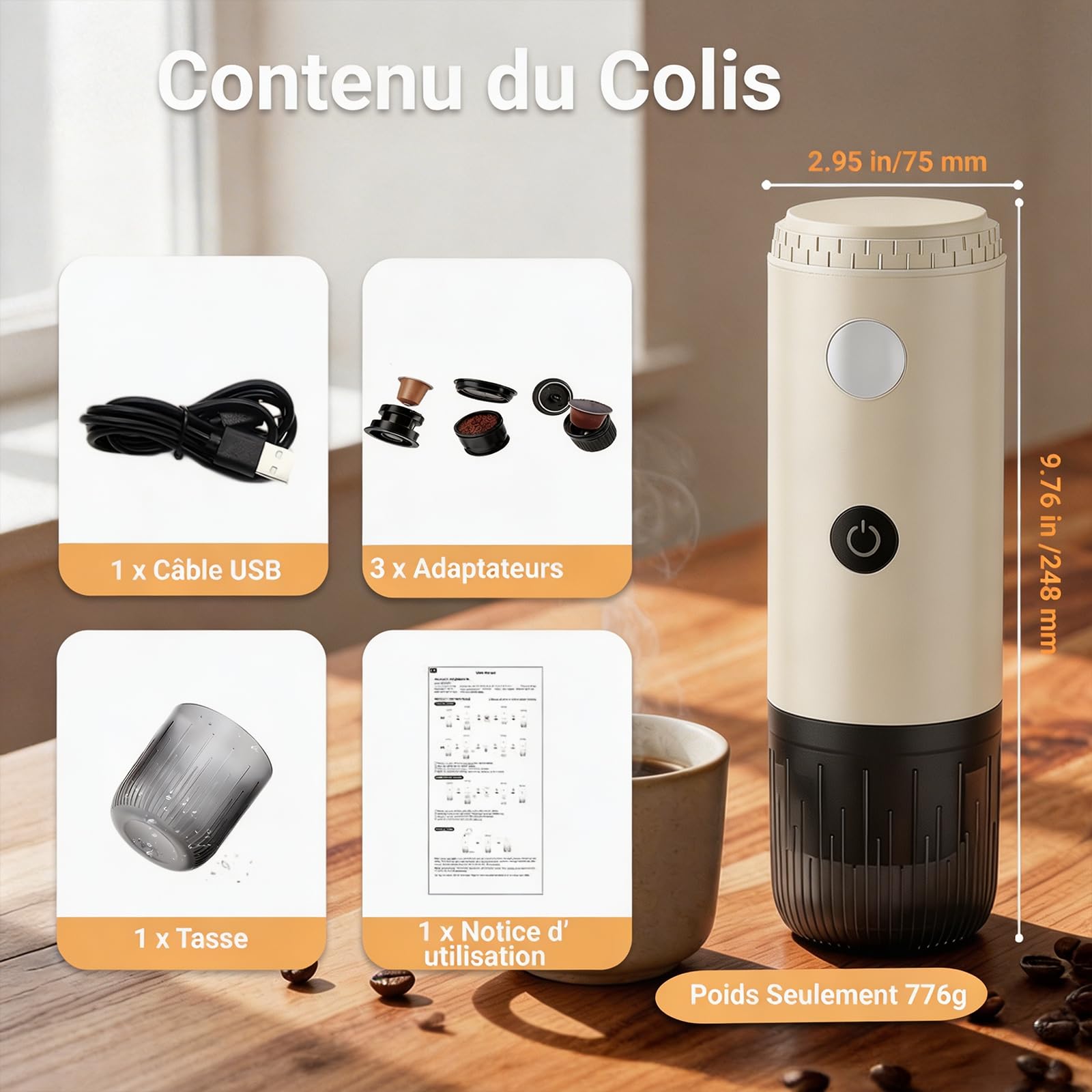Machine à Cafe Portable, Cafetière Portable 3 en 1 Compatible avec les Capsules Espresso et Poudre de Café, Rechargeable Pour Voyage, Camping, Voiture, Maison Blanc