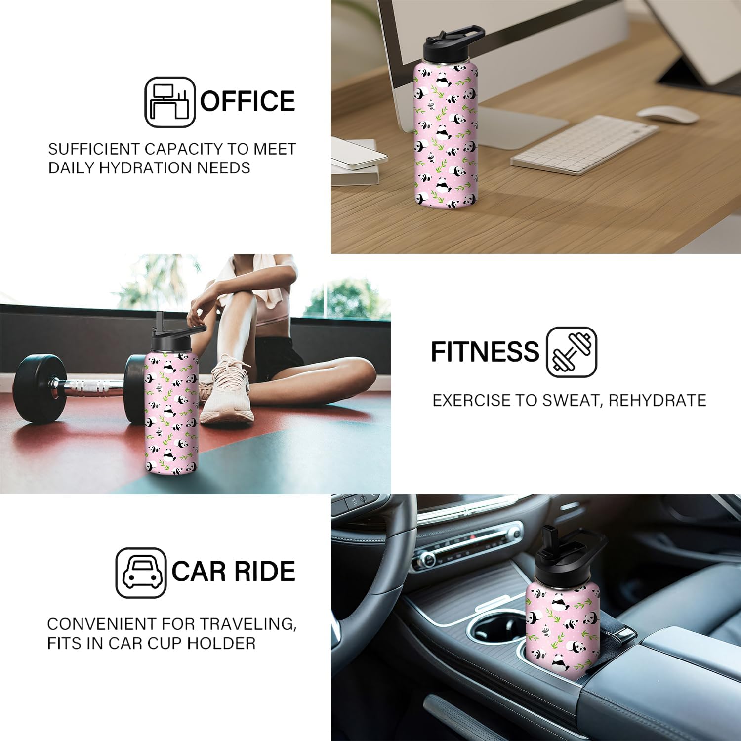 32oz Pink Panda Water Bottle with Handle and Flip Straw, Sports Stainless Steel Insulated Cup Travel Coffee Mug Tumbler, Birthday Mothers Day Chritmas Gifts for Women - Image 5