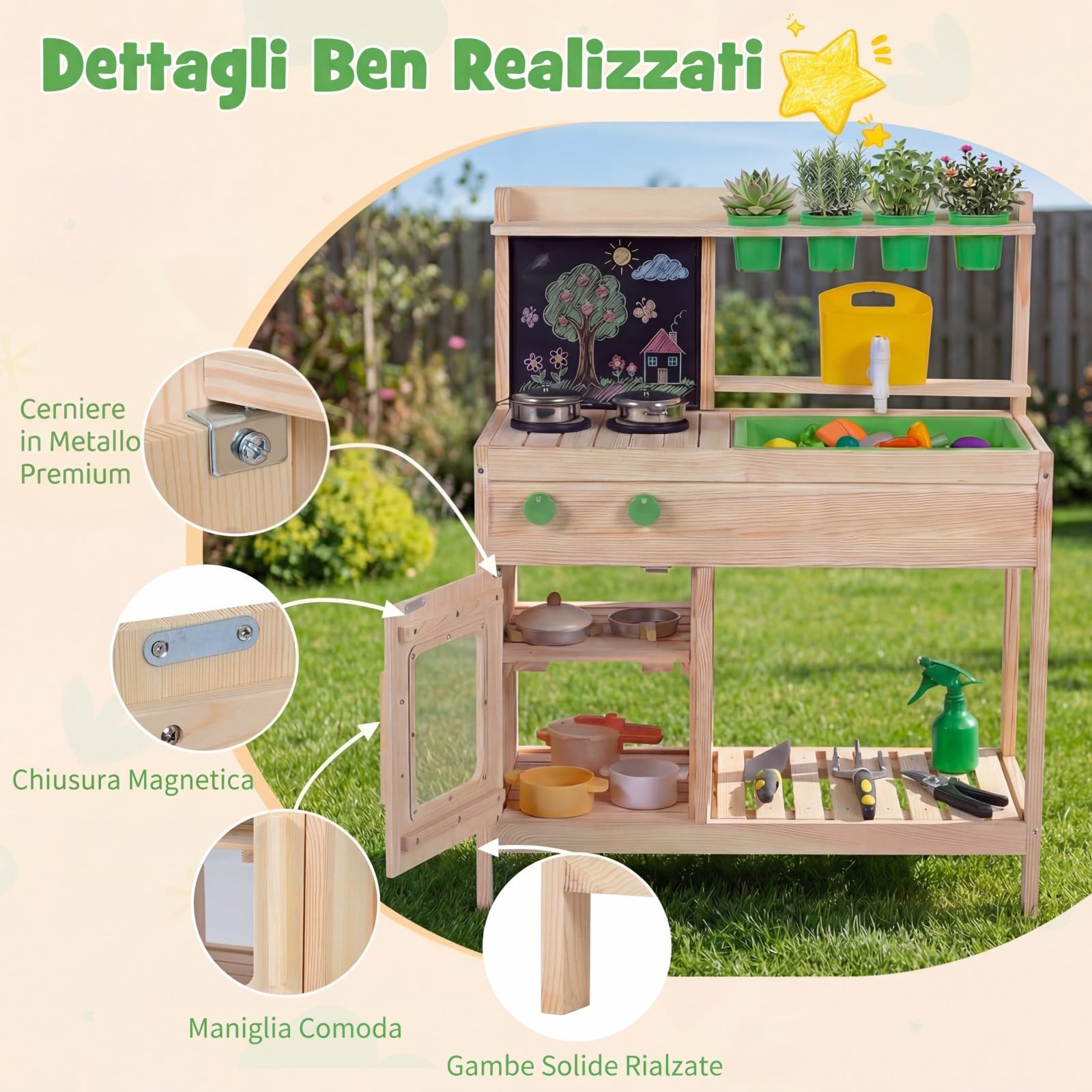 RELAX4LIFE Cucina Giocattolo per Bambini, Set di Cucina in Legno Massiccio con Lavagna, Serbatoio d’Acqua, Lavello Rimovibile, Giocattolo Educativo da Giardino e Balcone per Bambini 3+ Anni