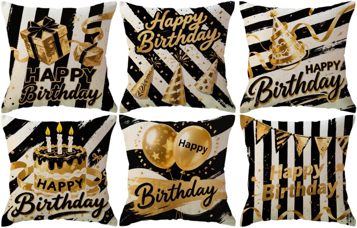 Set of 6 Happy Birthday Throw Pillow Cover With Cake,Balloons, Gifts Pattern Home Decor Pillowcases Square Cushion Cover 18 X 18 Inches for Family Friends Birthday Decoration( Happy Birthday)