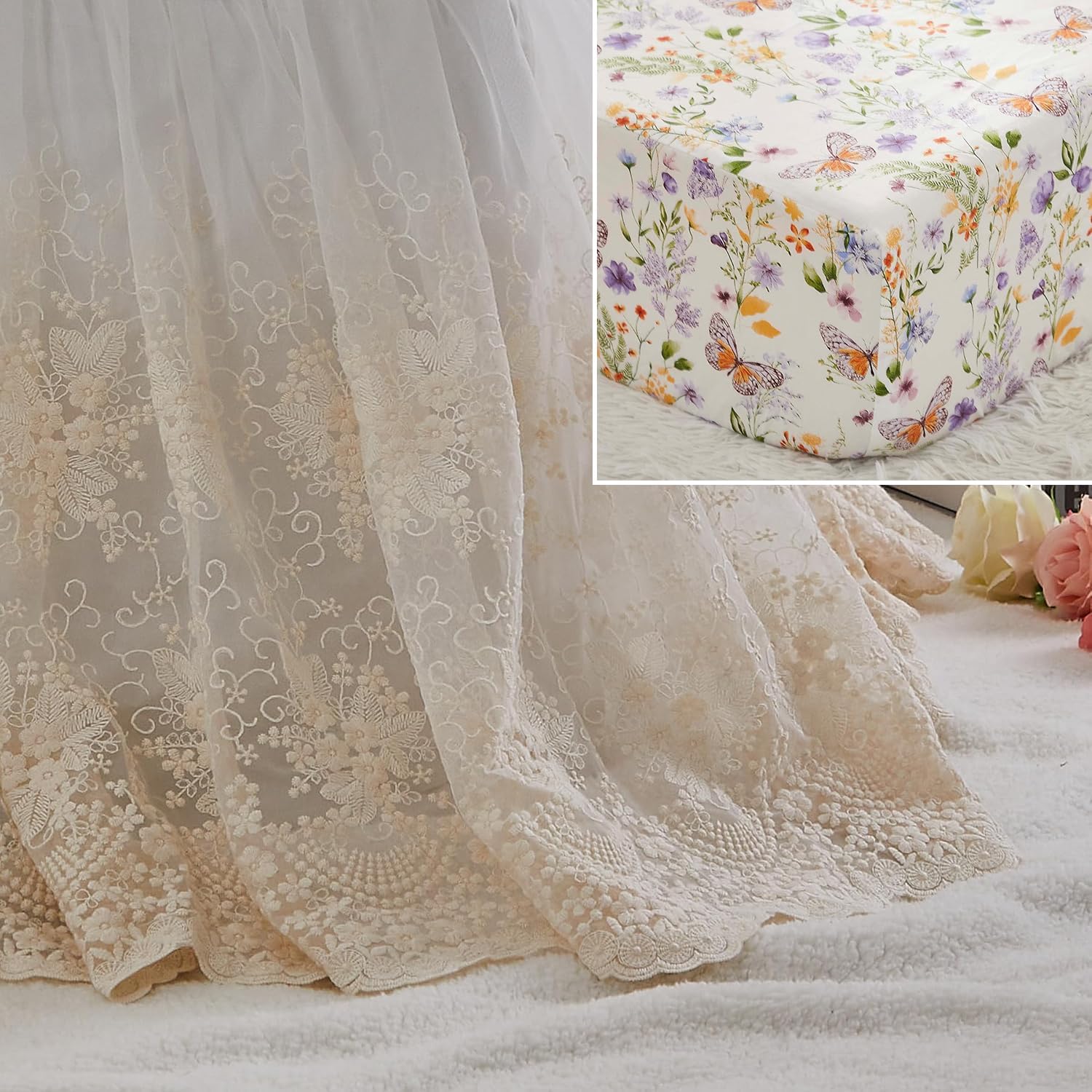 Brandream Crib Sheet & Crib Bed Skirt Lace Crib Bed Skirt Dust Ruffle Wildflower Butterfly Crib Sheets Set