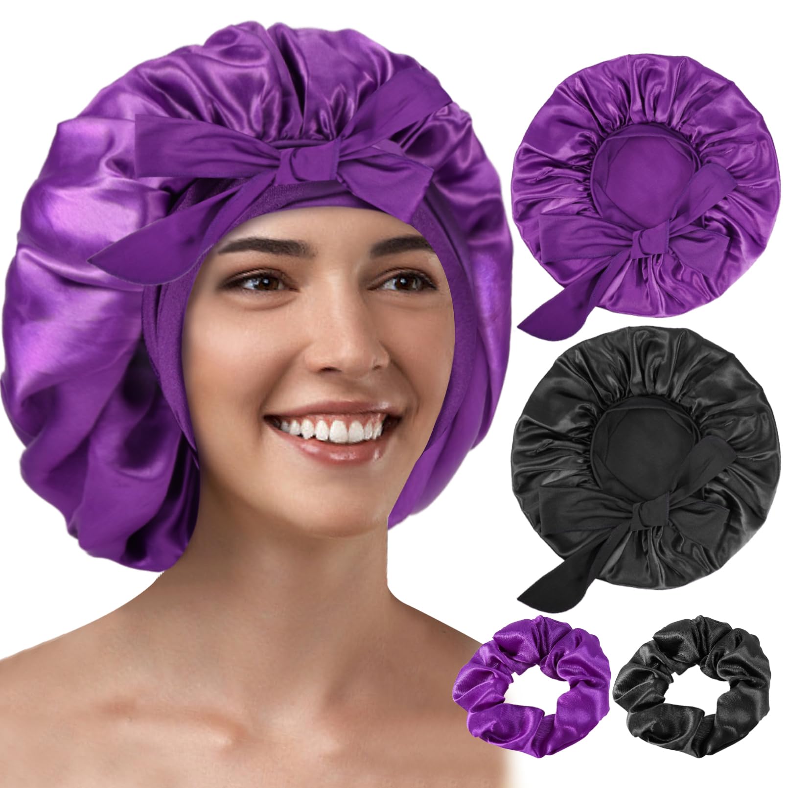 Jeffbaubl 2 PCS Satin Bonnet Silk Bonnet for Sleeping,Hair Bonnet for Women,Bonnet with Tie Band,Adjustable Night Sleep Cap for Long Curly Hair with 2 PCS Hair Scrunchies,Black+Purple