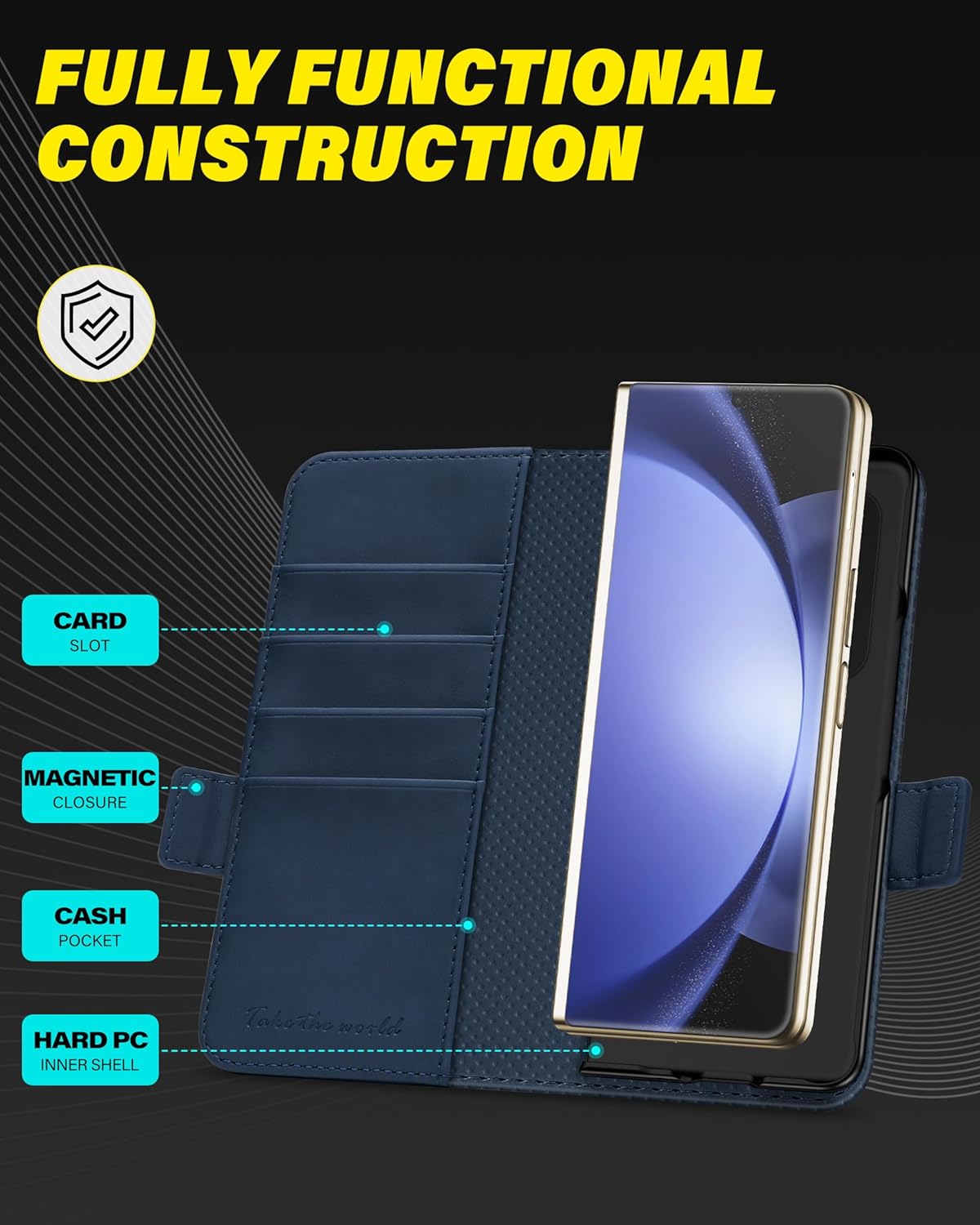 TUCCH Wallet Case for Galaxy Z Fold 5, PU Leather Case with S Pen Slot RFID Blocking [Kicktand][Card Holder] Hard PC Shell, Shockproof Flip Cover Compatible with Galaxy Z Fold5 5G 7.6" 2023, Dark Blue