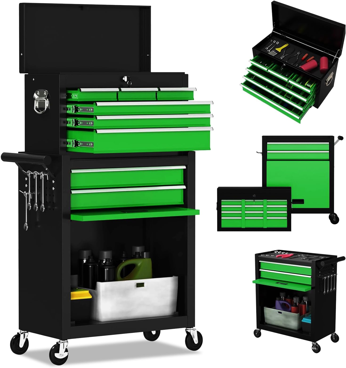 8-Drawer High Capacity Rolling Tool Chest, Removable Cabinet Storage Tool Box with Wheels and Drawers, Detachable Toolbox with Lock for Workshop (Black&green)