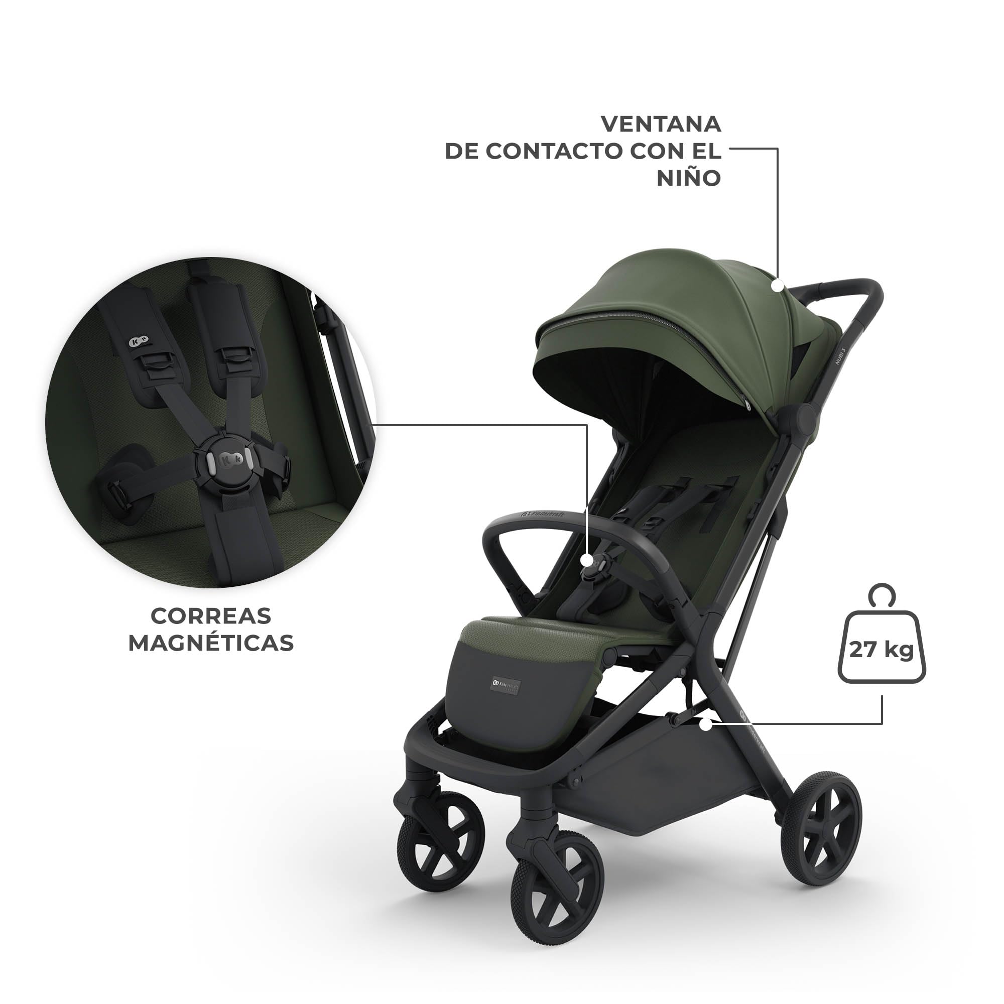 Kinderkraft NUBI 3 Silla de paseo compacta y ligera, hasta 22 kg, Buggy, con plegado automático, capota impermeable, UPF50+, Ligero 8,7 kg, posición reclinada, arnés de seguridad de 5 puntos, Verde