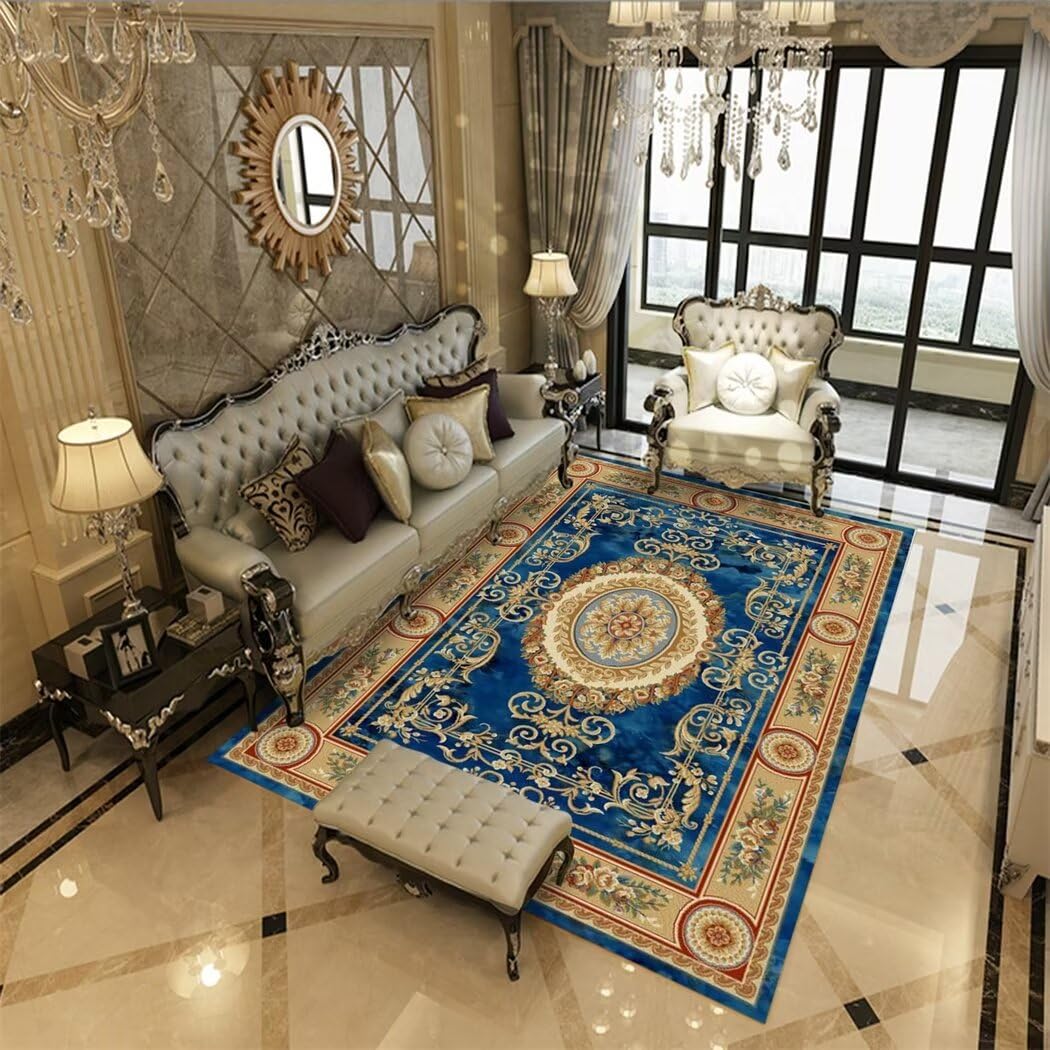 Tapis de salon bleu 200x260cm avec motif floral vintage pour pied de lit de chambre