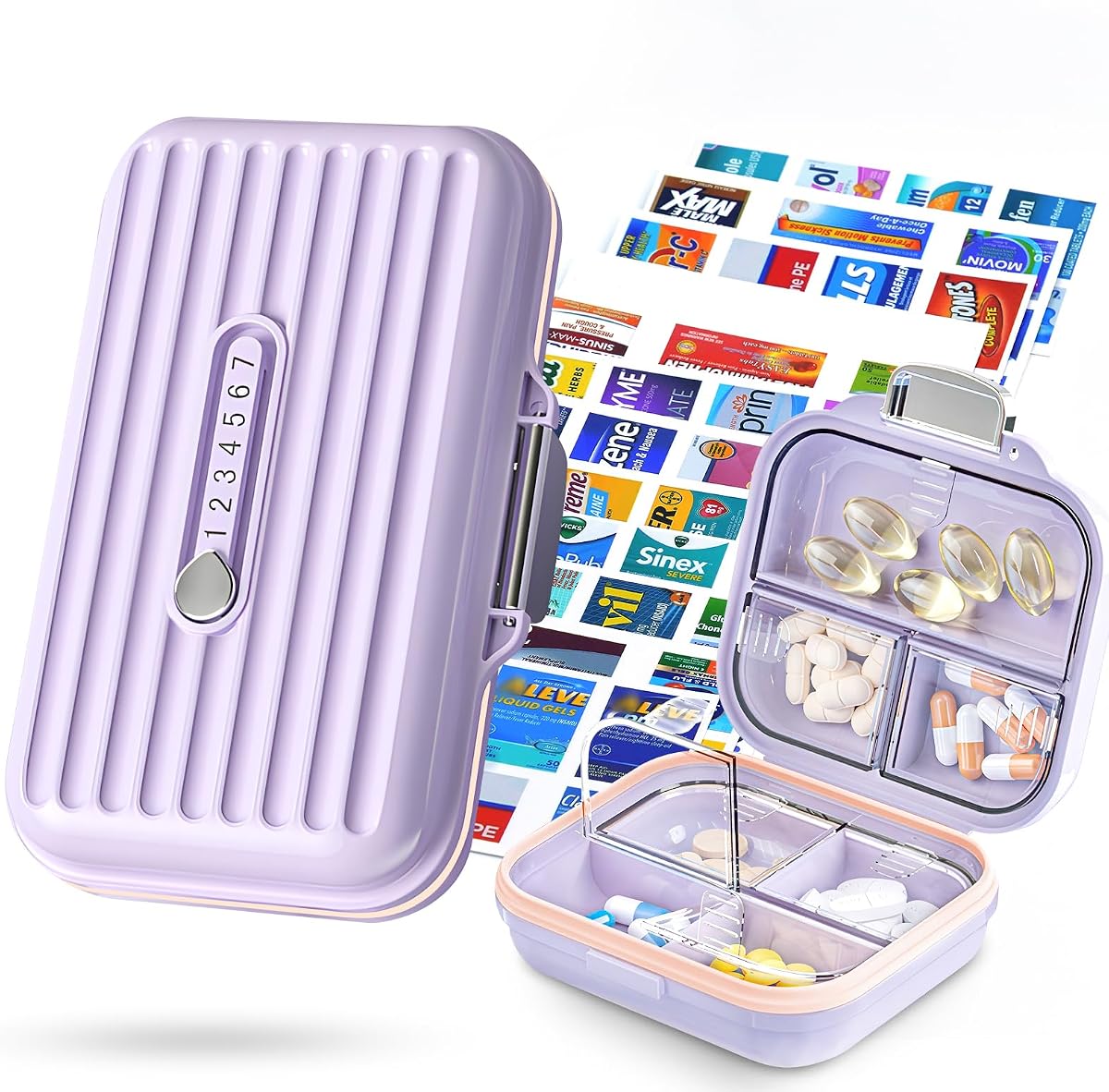 Travel Pill Organizer Box with Medicine Labels, Purple S+L 2Pack Pill Case | 7 Compartments Portable Daily Medication Organizer Storage Pill Container for Pocket Pharmacy