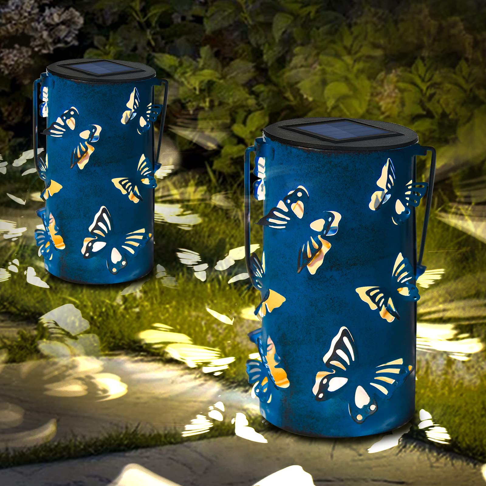 Greenidea2 Pack Hanging Solar Lanterns Retro Solar Lights with Handle, Outdoor Solar Garden Lights Decor with Butterfly Pattern for Yard Tree Lawn Fence Patio,Blue2