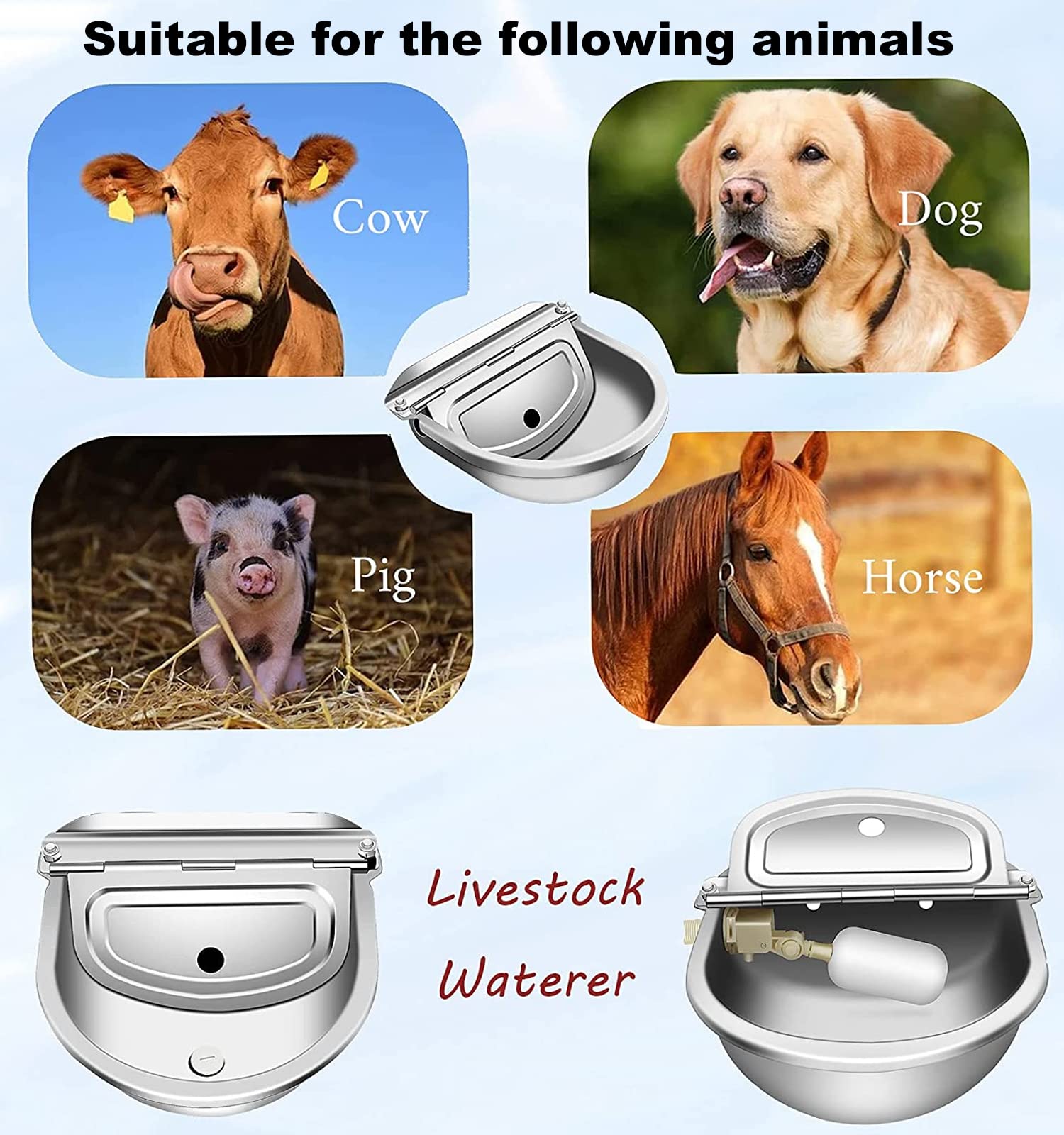 Abbeveratoio automatico per bestiame in acciaio inox 304 per cane, capra, maiale, abbeveratoio con 2 valvole galleggianti, tubo dell'acqua da 99 cm, connettore da 3/4"