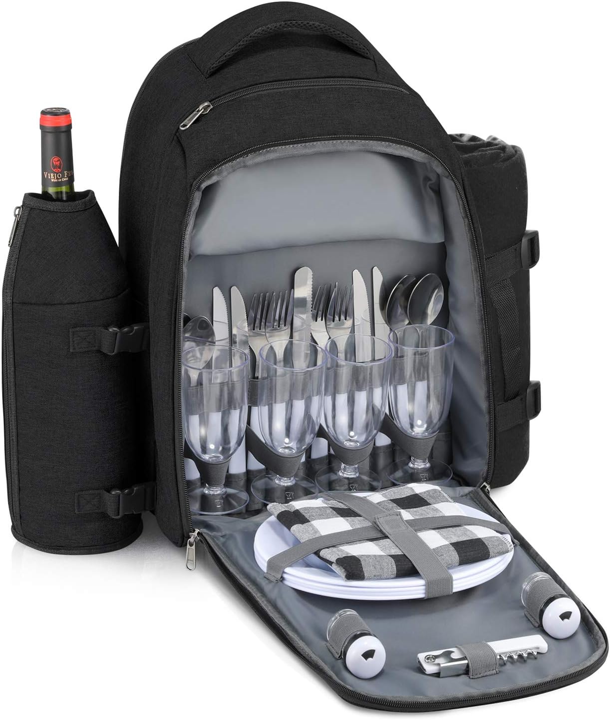 Gonex Picnic Backpack Bag for 4 Person with Insulated Cooler Compartment, Fleece Blanket, Detachable Wine Holder, Cutlery Set (Black)