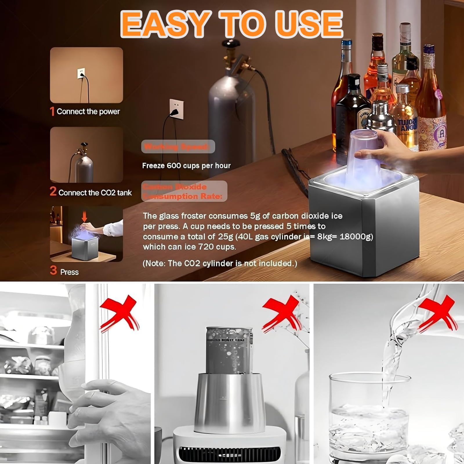 Enfriador De Copas Mini Congelador, 6 Segundos por Vaso, Enfriador Comercial De Co2 para Vasos De Hielo, para Vino, CóCteles, ChampáN Y Bebidas Mixtas B