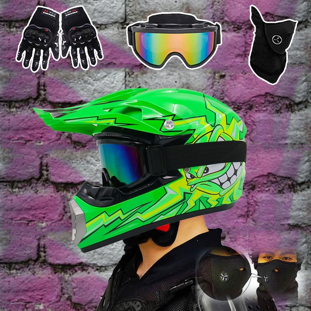 Casco da Motocross Per Bambini E Adulti, con Occhiali, Guanti E Maschera, Omologato DOT, Casco da Motocross Alla Moda Per Ragazzi, Unisex, Per Mountain Bike Atv Bmx