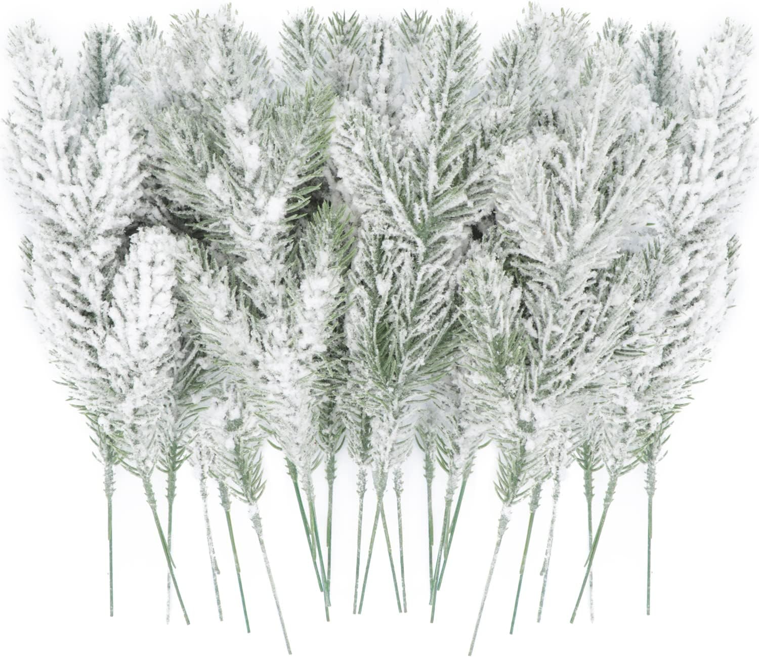 24Pcs Snowy Artificial Pine Needles Branches Twigs 10.6" Fake Frosted Pine Picks Greenery Stems Christmas Pine Tree Picks Winter Fir Pine Sprays Sprigs for Crafts Wreaths Garlands Holiday Decor